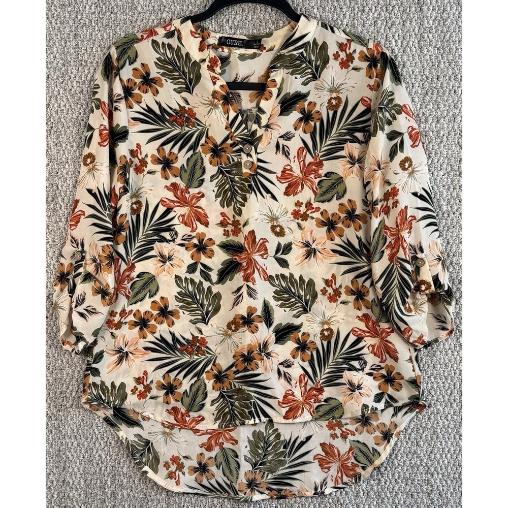 Tropical Floral Blouse Women's Small High Low Roll Tab Sleeve Boho Resort Top